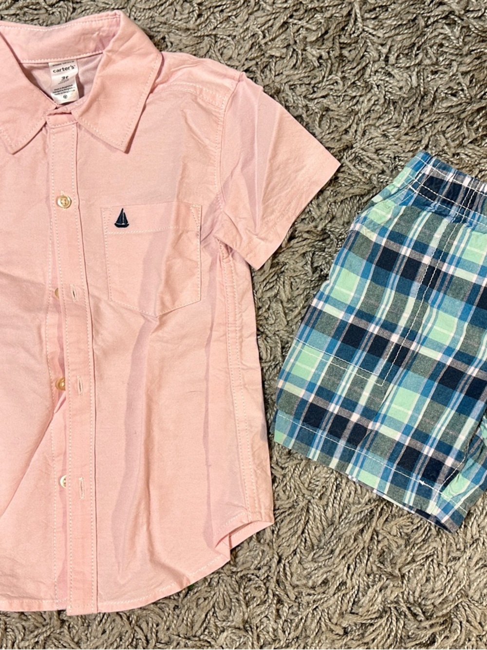 Carter's Light Pink Short-Sleeve Button Shirt with Blue-Green Plaid Shorts